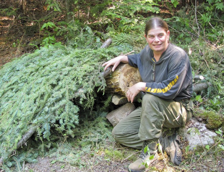 Une personne assit à côté d'un abris en branches de conifères